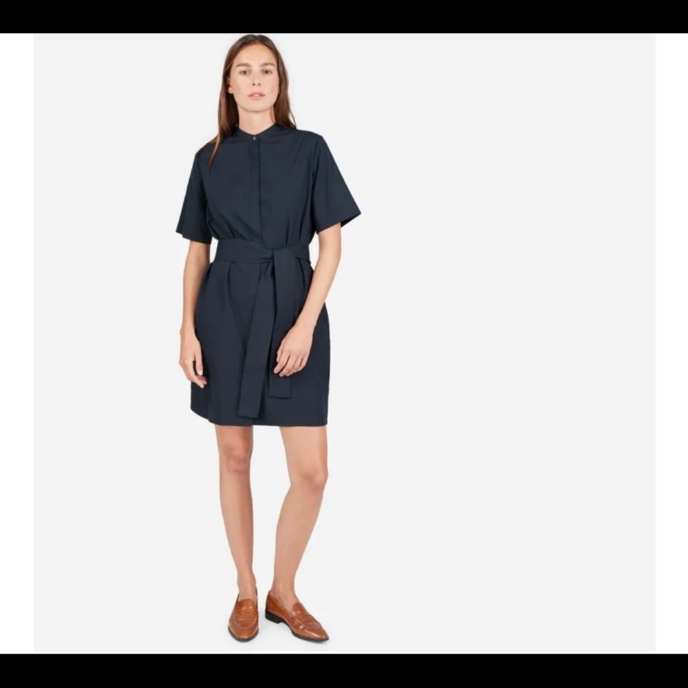 Everlane Cotton Collarless Belted Shirtdress in Navy size 2